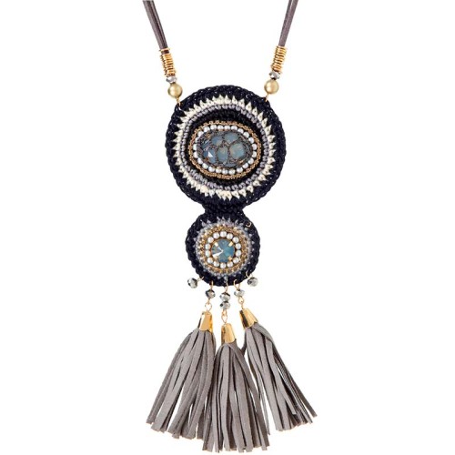 Collier JUMEOS Grey Gold Sautoir pendentif Broderie maille crochet Gris Laiton doré Cuir Cristaux sertis Pierre de roche Plumes