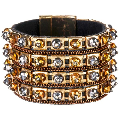 Bracelet LADIANO Brown Gold Manchette souple Damier rock Doré et Marron Laiton doré à l'or fin Cristaux sertis