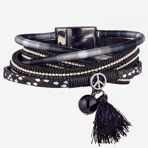 Bracelet PIECE OF TRIP Black Silver Double Tour Multirang Symbol paix Argenté Noir Simili-Cuir Cristal pompon bracelet brésilien