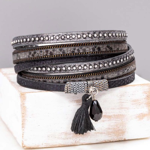 Bracelet INDIANA Black Silver Double Tour Multirangs imprimé reptile Argenté et Noir Rhodium et Simili-Cuir Cristal et Pompon