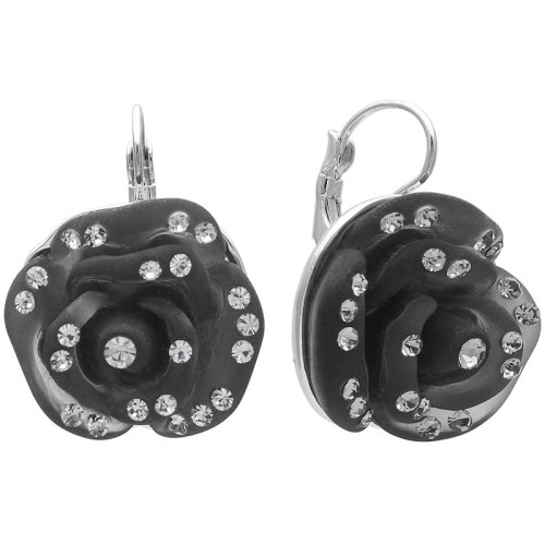 Boucles d'oreilles CAMELIA Black Silver Dormeuses pavées Fleur Argenté et Noir Rhodium Cristal et Résines