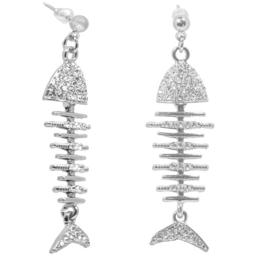 Boucles d'oreilles FISH White Silver Pendantes à pendentif Arête de poisson Argenté et Blanc Rhodium Cristal