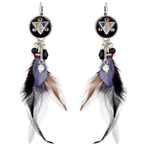 Boucles d'oreilles APAKURIAS Grey Silver Pendantes à pendentif Ethnique Argenté et Gris Rhodium Cristal et Plumes