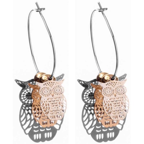 Boucles d'oreilles NIGHTLOST All Gold Créoles à pendentif Hibou articulé mobile Argenté Doré Rosé Rhodium Pampilles filigranées