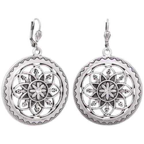 Boucles d'oreilles VUCINIC White Silver Pendantes longues ajourées Rosace Argenté et Blanc Laiton argenté