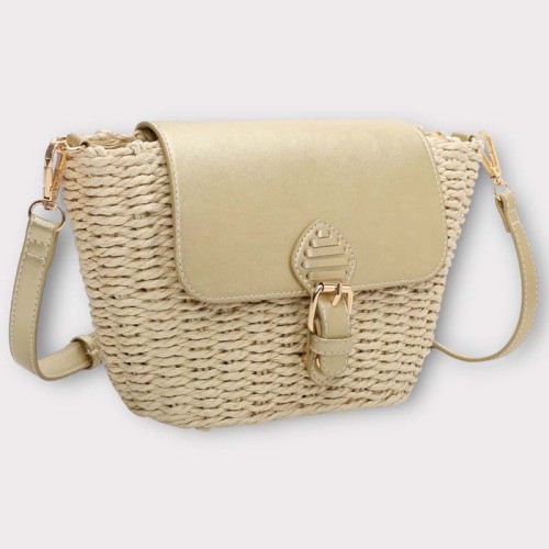 Maroquinerie ROMASI Beige Gold Sac bandoulière Bi-matière Beige et Doré Cuir synthétique Osier