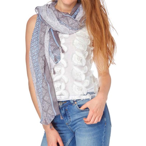 Foulard CIUDADERO Blue Grey étole imprimée Floral Bleu et Gris Viscose Imprimé sur l'ensemble et Décorations pompons