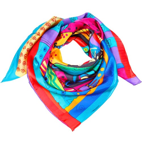 Foulard EL GATO PESCADOR Color grand carré de soie imprimé Chat et poisson Multicolore 100 % Soie Imprimé sur l'ensemble