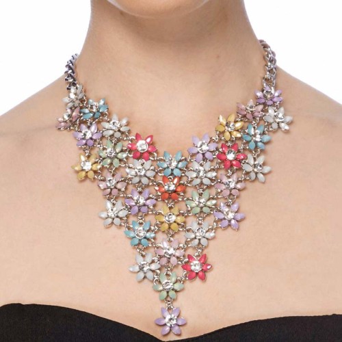 Collier DREAM GARDEN Color Silver Plastron pavé Floral Argenté et Multicolore Rhodium Cristal