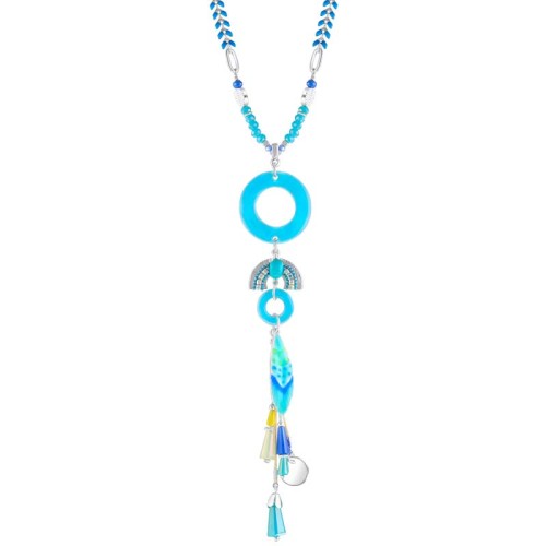 Collier LUANA Sky Blue Silver Sautoir pendentif en Y Ethnique amérindien Argenté et Bleu Ciel Rhodium Cristal et émaux