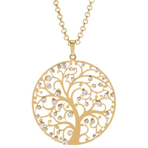 Collier NATURA & CRYSTAL APPLES White Gold Sautoir pendentif en Y Arbre de vie ajouré Doré Blanc Doré à l'or fin Cristaux sertis