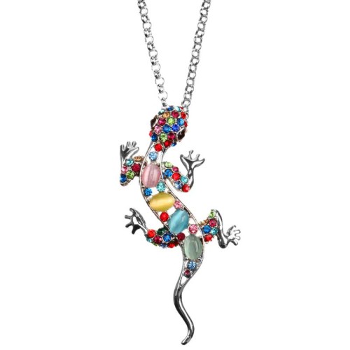 Collier SALAMANDRIA Color Silver Sautoir pendentif en Y Salamandre Argenté et Multicolore Rhodium Cristal