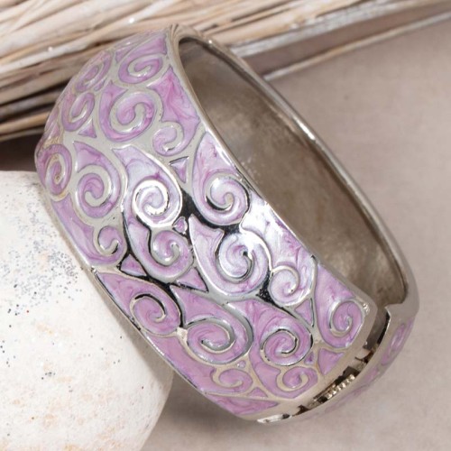 Bracelet SOFLUS Mauve Silver Manchette rigide Arabesques Argenté et Parme Rhodium émaux