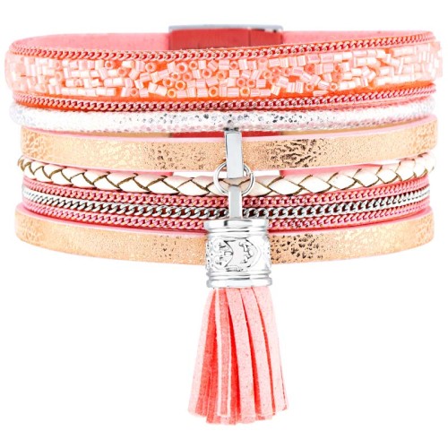 Bracelet JELLY Pink Silver Manchette souple Multirangs Ethnique Argenté et Rose Rhodium et Simili-Cuir Cristal