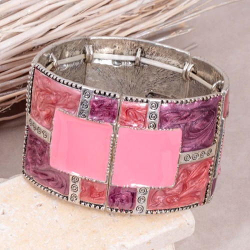 Bracelet QUADANE Pink Silver Manchette souple élastique Contemporain Argenté et Rose Rhodium émaux