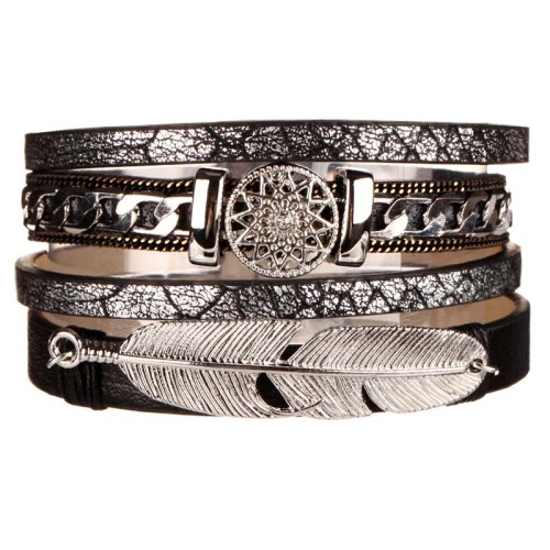 Bracelet JOPAO Black Silver Manchette souple Multirangs Ethnique plume et rosace Argenté et Noir Rhodium et Simili-Cuir Cristal