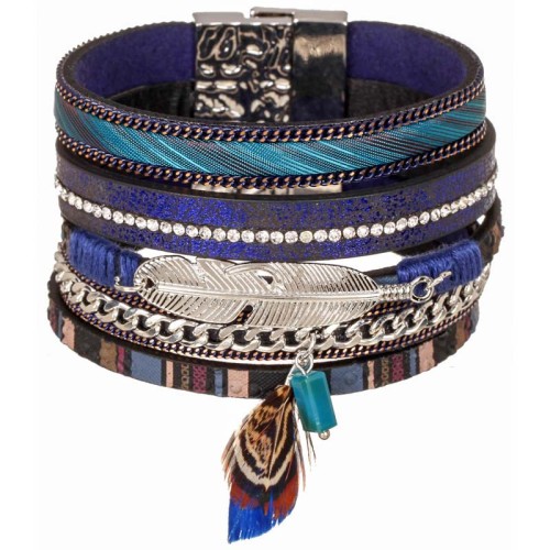 Bracelet CUROSPE Night Blue Silver Manchette souple Multirangs Ethnique amérindien Argenté Bleu Nuit Simili-Cuir Cristal Plumes