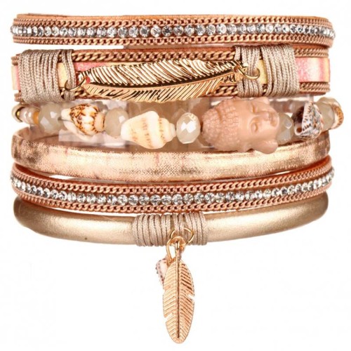 Bracelet BOUDDHA Beige Gold Manchette souple Multirangs Bouddha zen Doré et Beige Rhodium et Simili-Cuir Cristal et Nacre