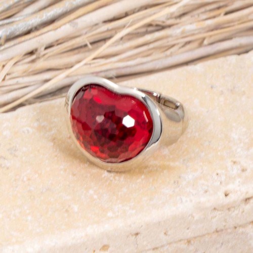 Bague AMORO Red Silver Cabochon élastique Cœur bombé Argenté et Rouge Rhodium Cristal