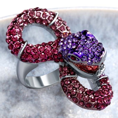 Bague SNAKE AMETHYST Violet Silver Cocktail pavé Serpent Argenté et Améthyste Rhodium Cristal