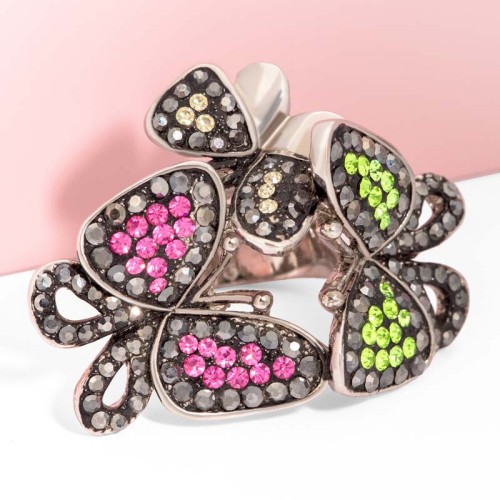 Bague BUTTERFLIES Apple Green & Pink Silver Cocktail Pavé Papillons Argenté et Vert Rose Rhodium Cristal