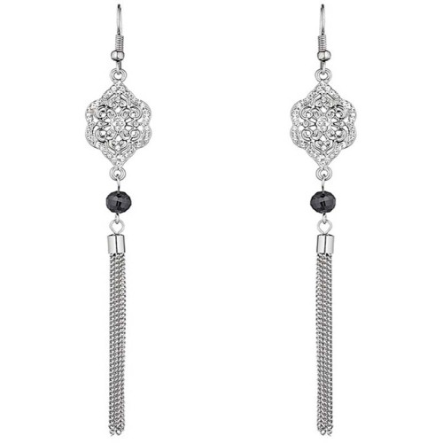 Boucles d'oreilles CILIO Black & White Silver Pendantes longues pavées Oriental Argenté et Noir Blanc Rhodium Cristal