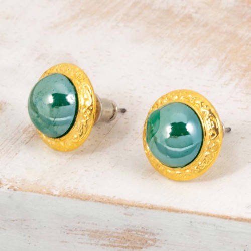 Boucles d'oreilles MEDIOS Green Gold Puces clous Cabochon Doré et Vert Laiton doré Résines