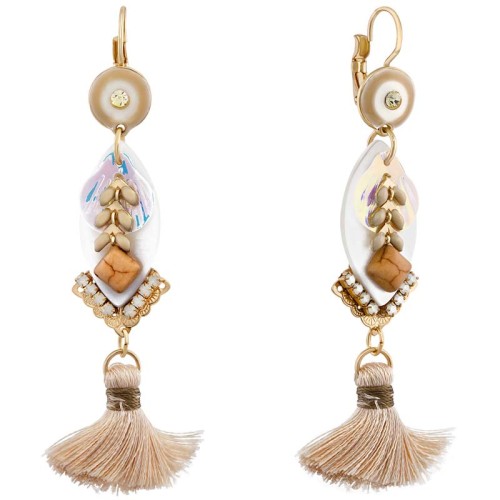 Boucles d'oreilles SEASHELL Beige Gold Pendantes pavées Ethnique Doré et Beige Rhodium Cristal et Nacre et Pompons