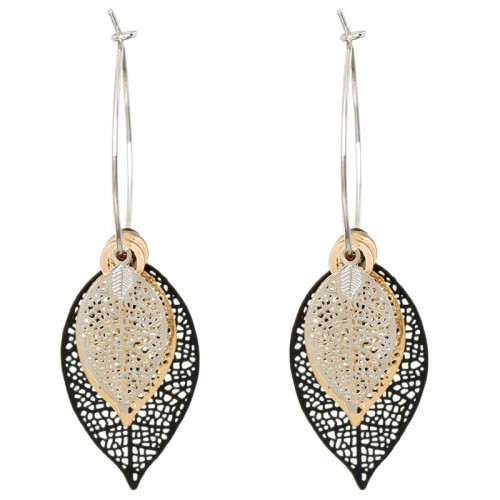 Boucles d'oreilles FOCHIA Black Gold & Silver Créoles à pendentif Feuilles filigranes Argenté Doré Noir Rhodium