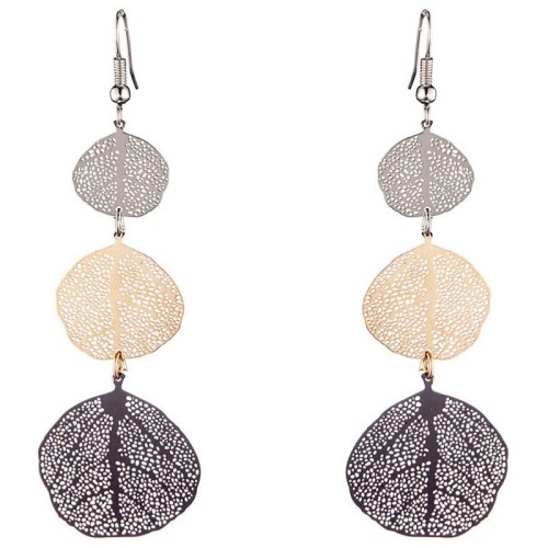 Boucles d'oreilles SOUANA Black Gold & Silver Pendantes ajourées Feuilles filigranes Argenté Doré Noir Rhodium