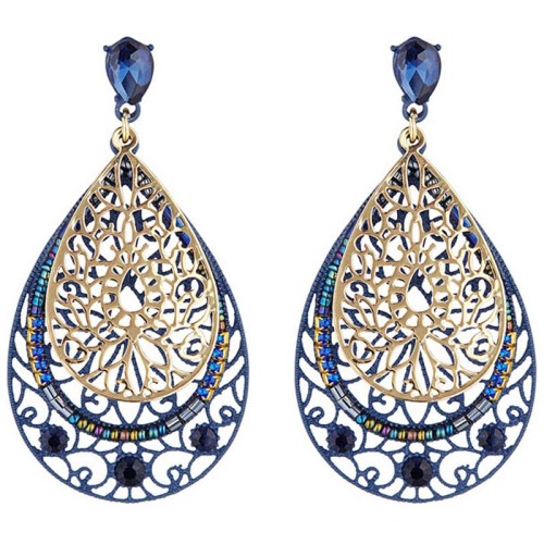 Boucles d'oreilles GARANDIA Night Blue Gold Pendantes ajourées Baroque ou romantique Doré et Bleu Nuit Doré à l'or fin Cristal