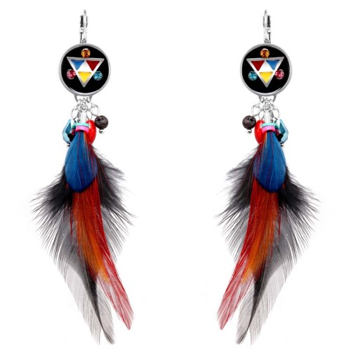 Boucles d'oreilles APAKURIAS Color Silver Pendantes à pendentif Ethnique Argenté et Multicolore Rhodium Cristal et Plumes