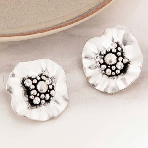 Boucles d'oreilles ELCEDA White Silver Puces pavées Pistil de fleur Argenté et Blanc Laiton argenté