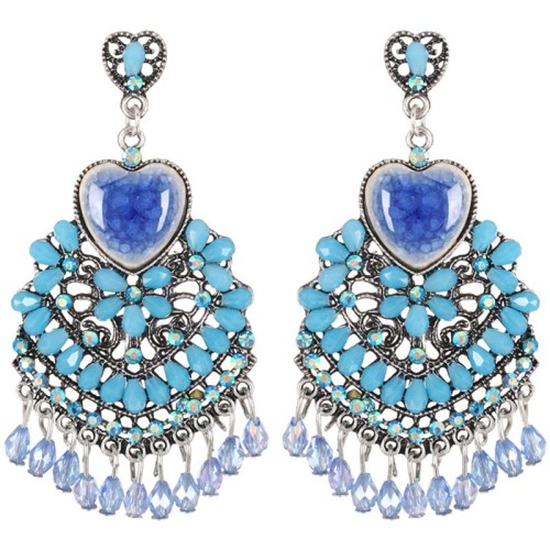 Boucles d'oreilles ZEMEKIS Blue Silver Pendantes à pendentif Tzigane Argenté et Bleu Laiton argenté Cristal et Résines