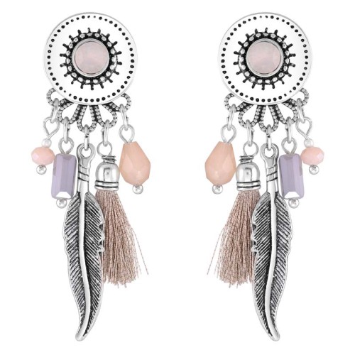 Boucles d'oreilles DIEGO Grey Silver Pendantes à pendentif Plumes ethniques Argenté et Gris Rhodium Cristal et Pompons