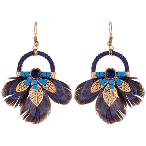 Boucles d'oreilles ROJARES Blue Gold Pendantes ajourées Ethnique amérindien Doré et Bleu Doré à l'or fin Cristal et Plumes