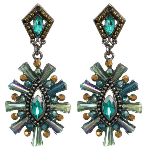 Boucles d'oreilles SEKURA Emerald Green Silver Pendantes courtes Baroque médiéval Argenté et Vert émeraude Rhodium Cristal