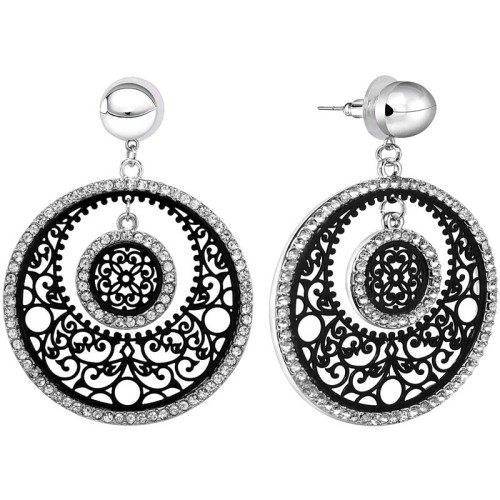 Boucles d'oreilles PALAMO EVOLUTION Black Silver Pendantes ajourées Baroque ou romantique Argenté et Noir Rhodium Cristal