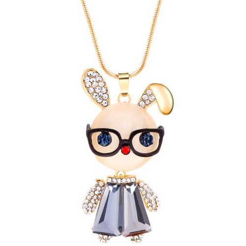 Collier EL CONEJO INTELIGENTE Grey Gold Sautoir pendentif en Y Lapin à lunette Doré et Gris Doré à l'or fin Cristal et Résine