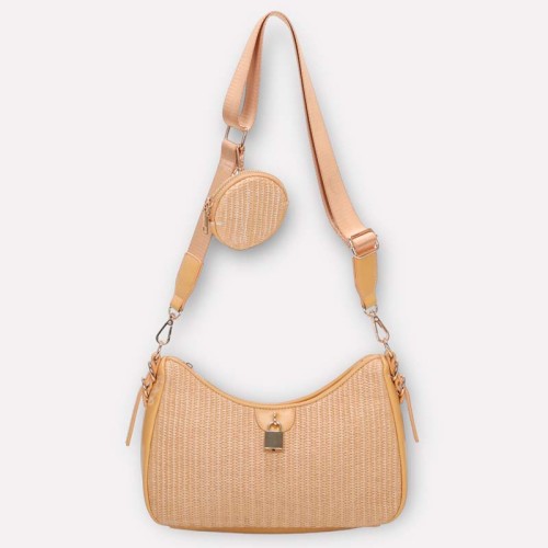 Maroquinerie NAPOLENE Beige Sac bandoulière Bi-matière Beige et Beige Cuir synthétique Osier et 1 porte-monnaie