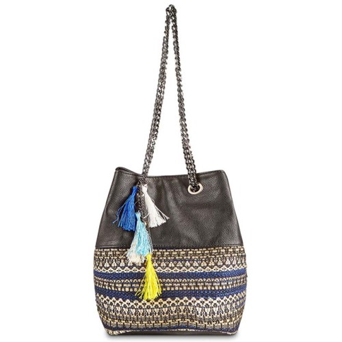 Maroquinerie MEDERA Blue Silver Sac seau à bandoulière Ethnique Argenté et Bleu Bi-matière Simili-Cuir Broderies