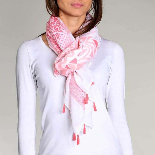 Foulard LOLITA Coral White étole imprimée à breloques Ethnique Blanc et Corail coton et viscose Décorations pompons