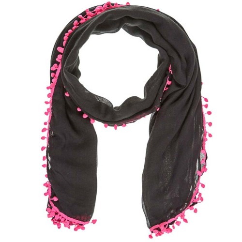 Foulard TANGER Fuchsia Black étole unie à breloques fluo Noir et Fuchsia coton et viscose Uni et Décorations pompons