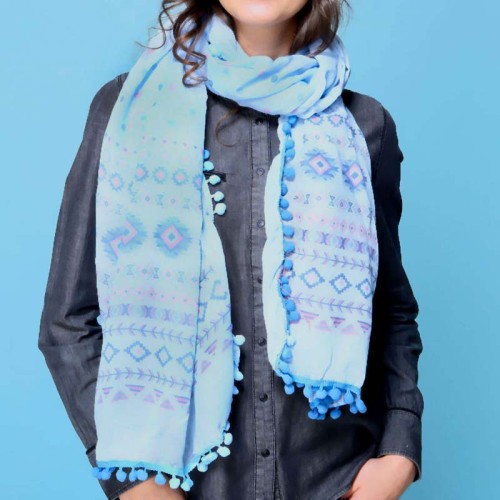 Foulard MACCU PICCHU Pink Blue étole imprimée à breloques ethnique Rose et Bleu Viscose et Polyester Décorations pompons