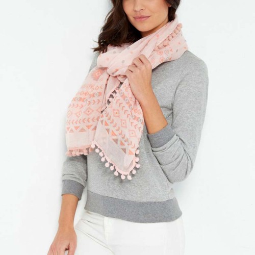 Foulard MACCU PICCHU Grey Pink étole à breloques ethnique Gris et Rose Viscose et Polyester Imprimé sur l'ensemble pompons