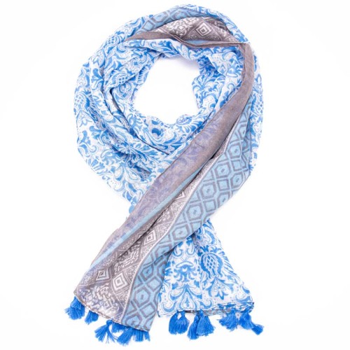 Foulard ATAKAMA Grey & Sky Blue étole motif Floral Gris et Bleu ciel Viscose et Coton Imprimé sur l'ensemble Décorations pompons