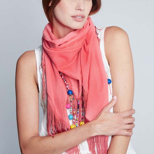 Foulard UNIDAD Coral Color Triangle à breloques Ethnique Multicolore et Corail 100 % Coton Uni et Décorations franges et bijoux