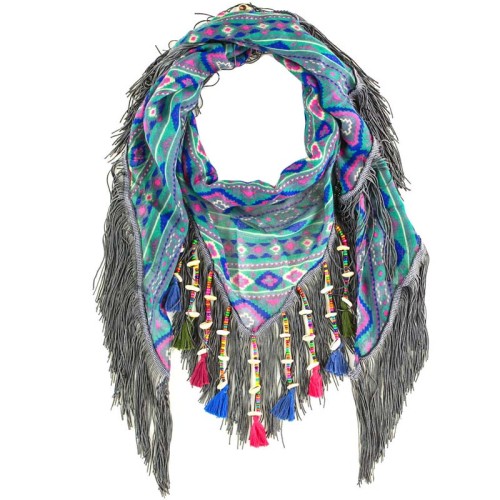 Foulard EPURIO Grey Color Triangle breloques Ethnique Multicolore Gris Viscose Imprimé sur l'ensemble Décorations franges bijoux