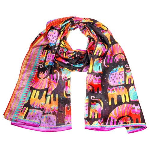 Foulard EL GATO PAYASO Black Color étole en soie imprimée chat Noir et Multicolore 100 % Soie Imprimé sur l'ensemble