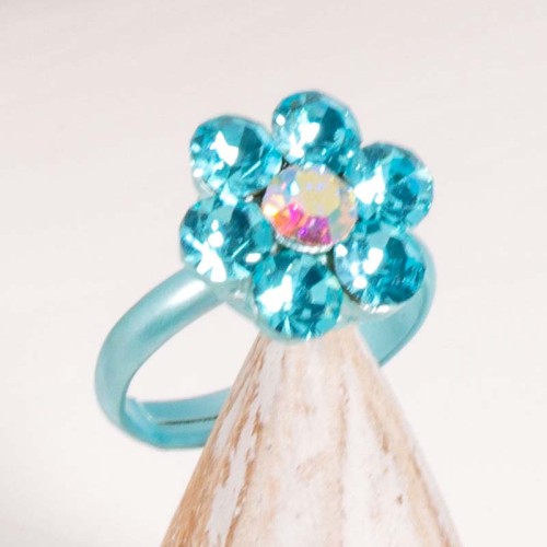 Bague FLARO Turquoise Cocktail réglable flexible Fleur Turquoise Rhodium Cristal